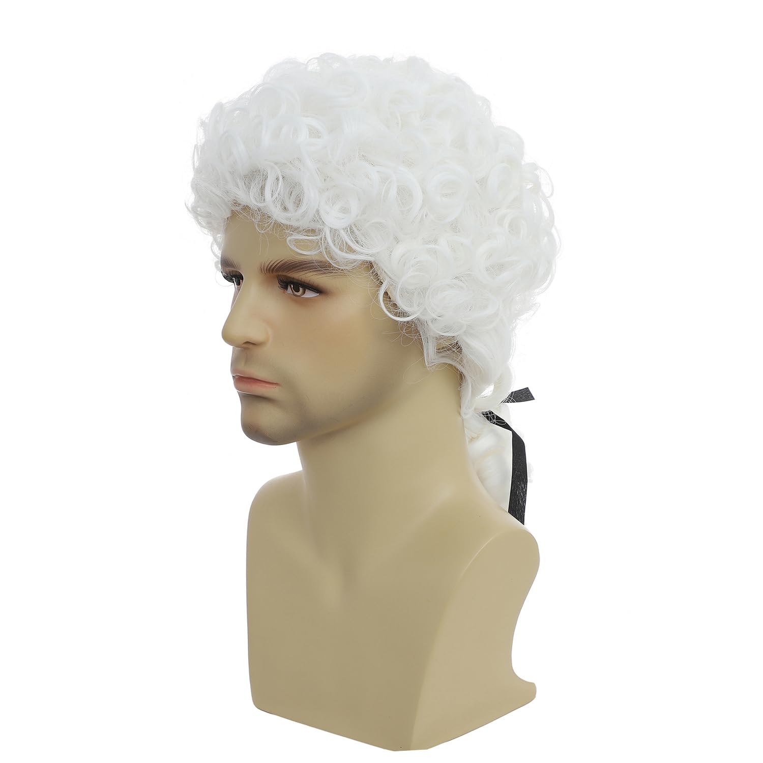 Photo 1 of ByouByou Colonial Wig, Curly Lawyer Wig with Black Ribbon, Synthetic Hair Wig, Ideal for Halloween Costumes, Historical Cosplay & Themed Partiesy (white)