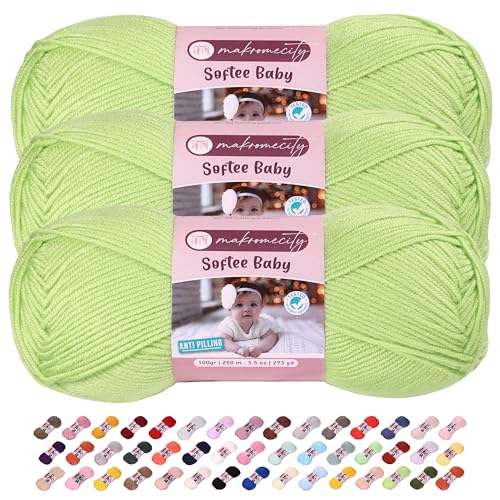 Image of 3 Skeins of Makromecity Softee Baby Yarn,%100 Premium Anti-Pilling Acrylic, 3.5 Oz, 273 yd (100gr /250 mt) Each, Soft Yarn for Crocheting and Knitting (Light Pistachio, 3 Skeins)