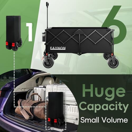Image of 46 inch L Collapsible Foldable Extended Wagon, 500LB Weight Capacity with 280L Heavy Duty Folding Cart,Utility Wagon with All-Terrain Beach Wheel & Drink Holders,Black