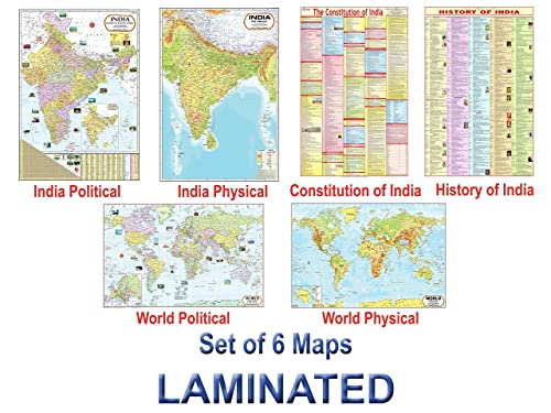Image of India & World Map ( Both Political & Physical ) with Constitution of India and History of India Chart | LAMINATED SET OF 6 Maps & Charts | Useful for UPSC, SSC, IES and other competitive exams