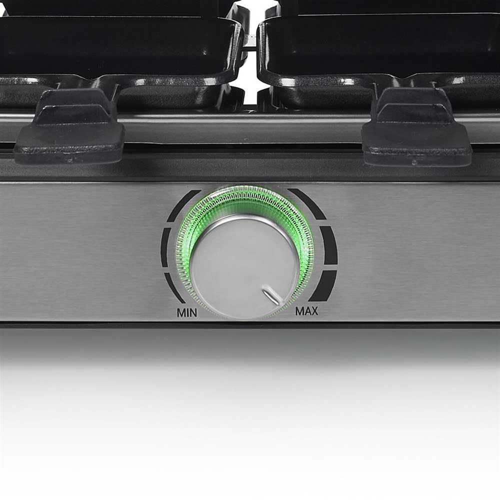 Tristar RA-2725 Raclette multifuncional cinco en uno, plancha de asar, parrilla, raclette y plancha de piedra, termostato regulable, superficie doble de 21 x 23 cm, Para 8 comensales, 1400 W