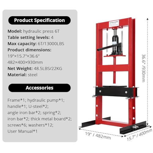6-Ton Hydraulic Press, H-Frame Bearing Press, Adjustable Working Table Height, Strong Load Capacity, for Car Repair Garage