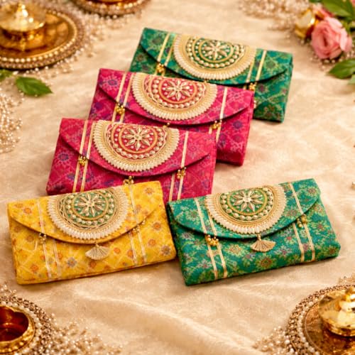 Image of Jaipur Ace Women Ethnic Embroidered Clutch Bag with Golden Handwork & Tassel | Traditional Wedding Party & Festive Shagun Purse |Return Gift Clutch Set (Pack of 5)