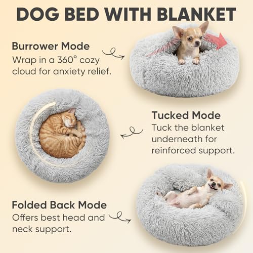 Image of Himax Small Cat & Dog Bed with Cover, Calming Dog Bed for Small Dogs,Anti-Anxiety Donut Dog Bed with Attached Blanket,Washable Round Fluffy Pet Bed (20 inch /26 inch /35 inch), Light Grey