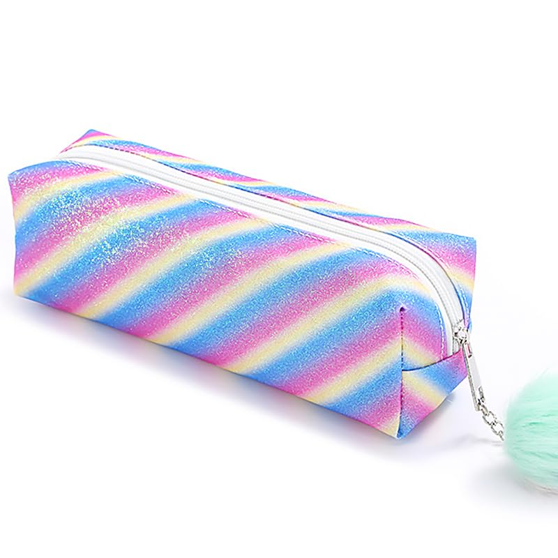 PHOGARY Glitter Preppy Pencil Case for Girls Cute Pastel Pen Case Fluffy Zip Pull Pouch Bag Holographic