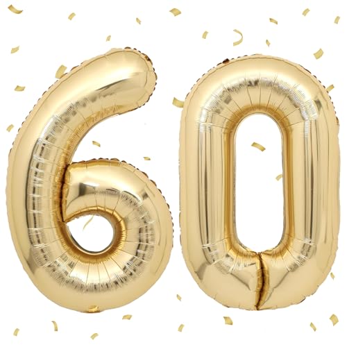 Ballons 60 Or Clai,101cm Foil Ballons Chiffre 60 Or, Grands Ballon Numéro 60,Décoration 60 ans pour Femme Homme Anniversaires Fête Deco