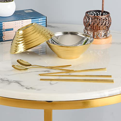 Tikitsen Japanese Gold Stainless Steel Noodle Bowls Set Of 2, Stainless Steel 7 Inch Gold Double Layer Soup Bowl With Chopsticks And Spoons For Udon, Soba, Pho, Asian Dishes #TOP4