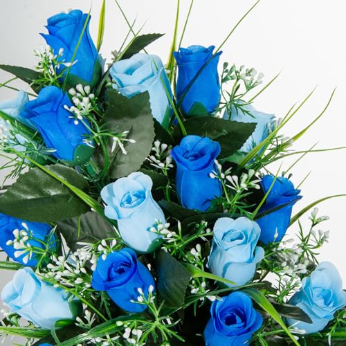 2 Sets Artificial Cemetery Flowers, Grave Decorations Roses, Memorial Flowers Bouquet with Vase for Grave Cemetery Decoration (Dark Blue&Light Blue) image 4