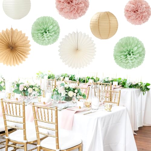Image of Sage-Green Pink-Beige Bridal-Shower Party-Decorations - 36pcs Bride to Be Banner,Bachelorette Paper Lanterns,Neutral Wedding Streamers Garland,Boho Tissue Pom Poms Flower Fan Decor Supplies Burgleda