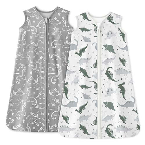 Unnivoll Baby Sleep Sack 18-24 Months 1.0 Tog Baby Wearable Blanket 100% Cotton Sleeping Sack with 2-Way Zipper for Toddler Infant Gray White Dinosaur