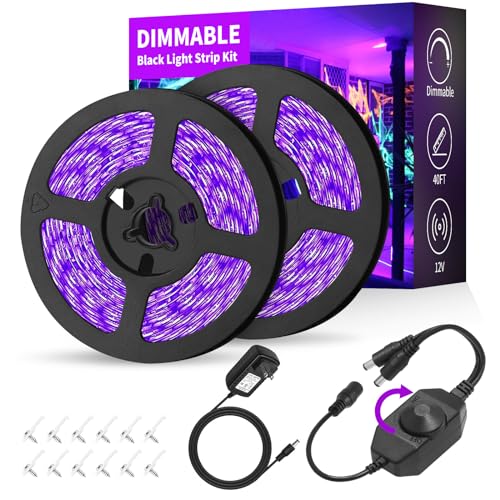 Image of Dimmable Black Light Strip Kit 40ft /12M 720 LEDs, 12V Flexible Blacklight Fixtures, 385nm-400nm, Black Light LED Strips for Glow Party Fluorescent Poster Halloween Indoor Bedroom Decor, Non-Waterproof