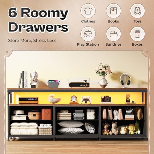 Huuger 63 Inch TV Stand for 55, 65, 70 Inch TV, Long Dresser TV Stand for Bedroom, LED TV Stand with Power Outlets, Rustic Fabric Drawer Dresser with Storage, Entertainment Center for Living Room