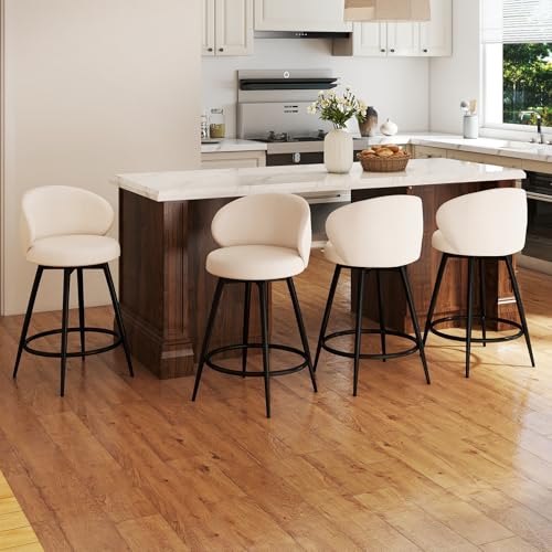 Image of Bar Stools Set of 4, 360 Swivel Breathable Fabric Kitchen Counter Height Stools, 26 inch Upholstered Bar Chair for Kitchen Islands, Restaurant, Ivory