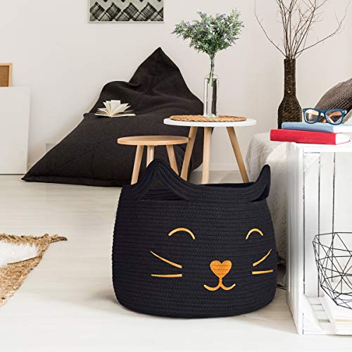 Image of Large Woven Cotton Rope Storage Basket, Laundry Basket Organizer for Toys, Blanket, Clothes, Towels, Gifts | Pet Gift Basket for Cat, Dog - 15.7 inch Lx13 inch Wx13.4 inch H, Black