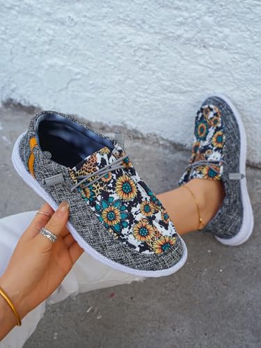 Unisex Casual Hey Loafers Canvas Sunflower Pattern Print Elastic Lace-up Comfortable & Light-Weight Slip-on Loafers Arch Support Walking Driving Basic Shoes for Women/Men/Adults/Teenagers,US Size 6-102