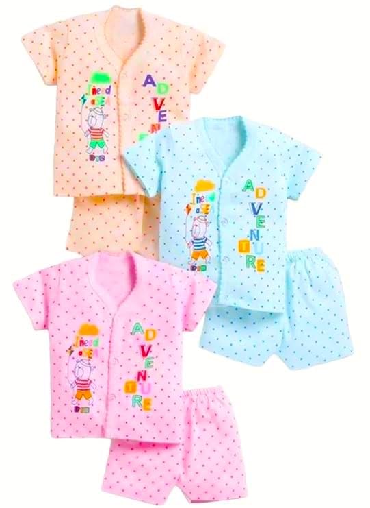 Shyamcollections Baby Boy and Baby Girl Full Sleeves Soft Cotton Dress, Front Open Shirt with Pyjama Pants Jhabla for Kids Infant Toddler Casual New Born Baby Clothes Pack of 3 Dress