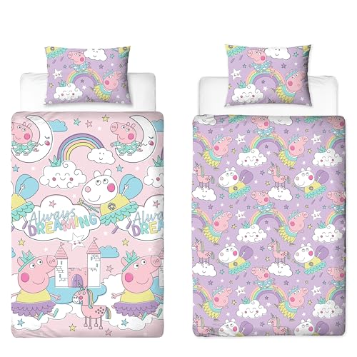 Parure de lit Simple Officielle Peppa Pig | Parure de lit réversible Rose et Lilas, taie d'oreiller Assortie Incluse.