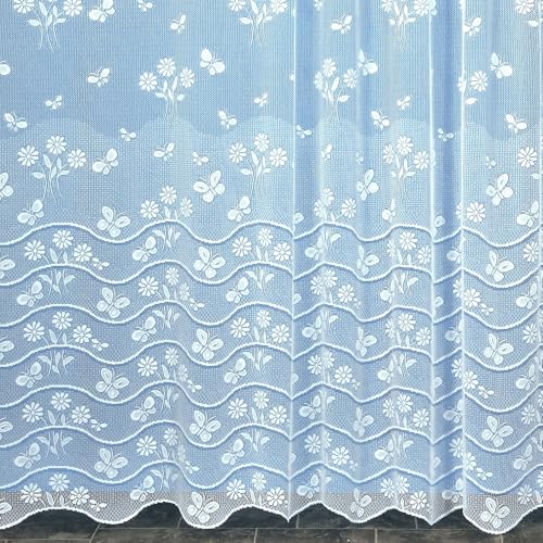 Homemaison - Panel Recto de Mariposa de Encaje Modular con Cinta Fruncida, poliéster 100% – diseño de Flores y Mariposas – Base festoneada Ajustable, 175 x 180 cm – Blanco