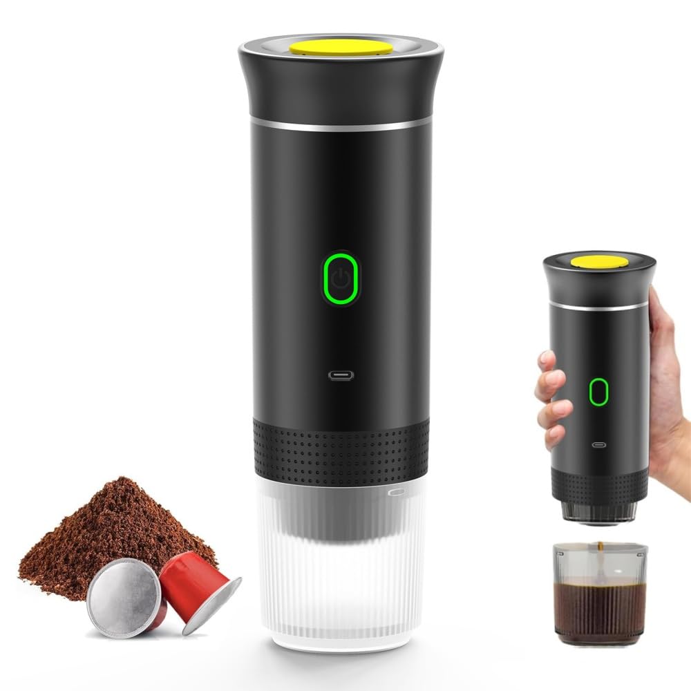 Hyunlai Portable Espresso Coffee Machine, 3-in-1 Espresso Coffee Machine, Rechargeable, Heated Coffee Machine, Multi-Capsule Coffee Machine for Camping, Home, Car (Black)