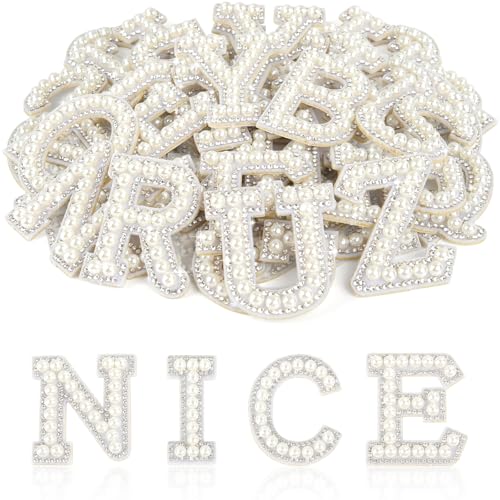 ASTARON 26 Pcs Self Adhesive Letter Patches Pearl Rhinestone Letter Stickers Glitter Rhinestone Letters A-Z Embroidered Applique Patches Alphabet Cloth Patch for Clothes Bags Hat Phone Case DIY