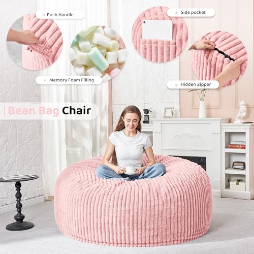 Image of HABUTWAY 4FT Bean Bag Chair, 4' Large Bean Bag Chairs for Adults with Removable Stripe Plush Cover, Memory Foam Beanbag Chair for Living Room Bedroom Dorm (Tender Pink)