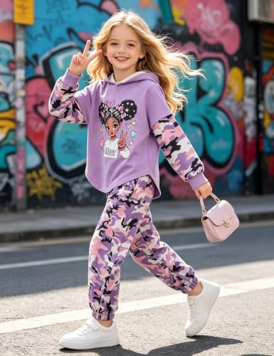 Image of Girls Fall Outfits Sweetie-girl Hoodie and Camo Pants Size 6-16 | Curved Hem Design,Skin-friendly Cotton Blend,for Daily School Playdates,Fall&Winter,Easy On & Off Pullover
