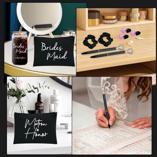 56 pcs Bridesmaid gifts bridesmaid proposal gifts, Maid of Honor Gifts contain 16oz Glass Cups Cosmetic Makeup Bags Invited Cards Scrunchies Hair Knotted Bracelets Diamond Pens love clip (Black)3