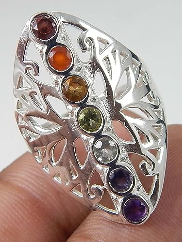 Healing Chakra Seven Gemstone 925 Sterling Silver Ring 3mm Round Faceted Ring Jewelry Wedding Ring Jewelry Long Finger For Women Jewelry Ring Gift for her Gemstone Jewelry3