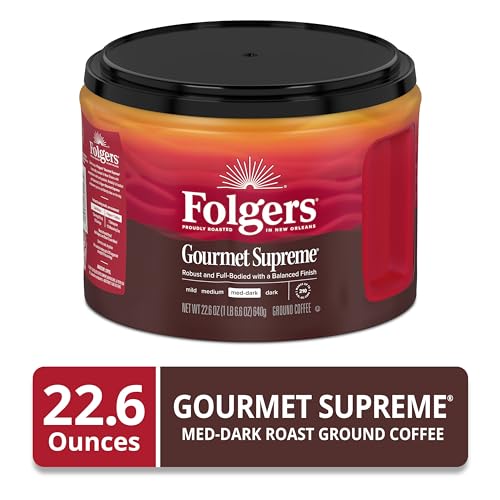 Image of Folgers Gourmet Supreme Medium-Dark Roast Ground Coffee, 22.6 Ounce Canister (Pack of 5)