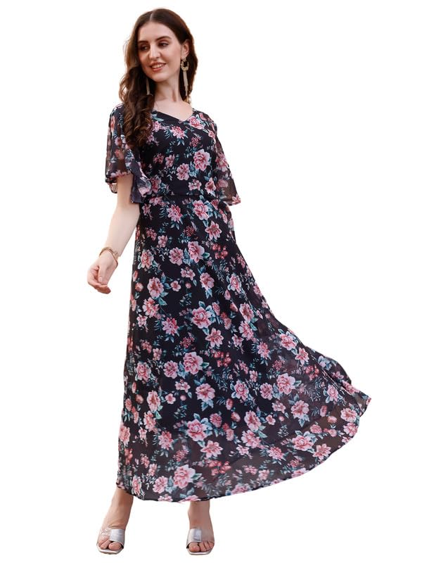 Smowkly Women's Georgette Floral Printed Indo-Western Ethnic Gown || Half Sleeve V Neck Fit & Flare Flared Hem Design || A-Line Maxi Dress Casual Wear (Black & Red, X-Large)
