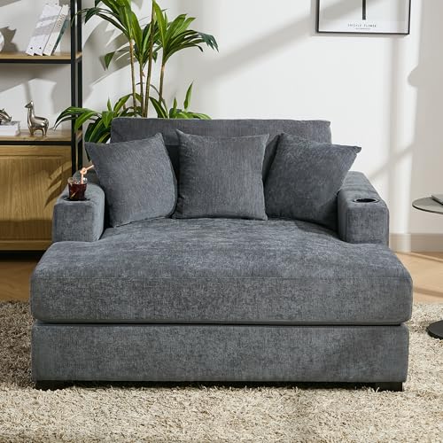 Image of Merax Modern Upholstered Indoor Chaise Lounge with Pillows, Charge Station & Cup Holders, Single Sofa Couch with Armrest and Soild Wood Legs, Blue Gray
