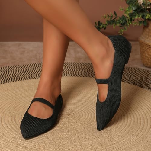 Pointed Toe Mary Jane Flats for Women Knit Ballet Flats with Strap Women's Slip On Dress Ballerina Flat Comfort Work Casual Knitted Shoes Memory Foam2
