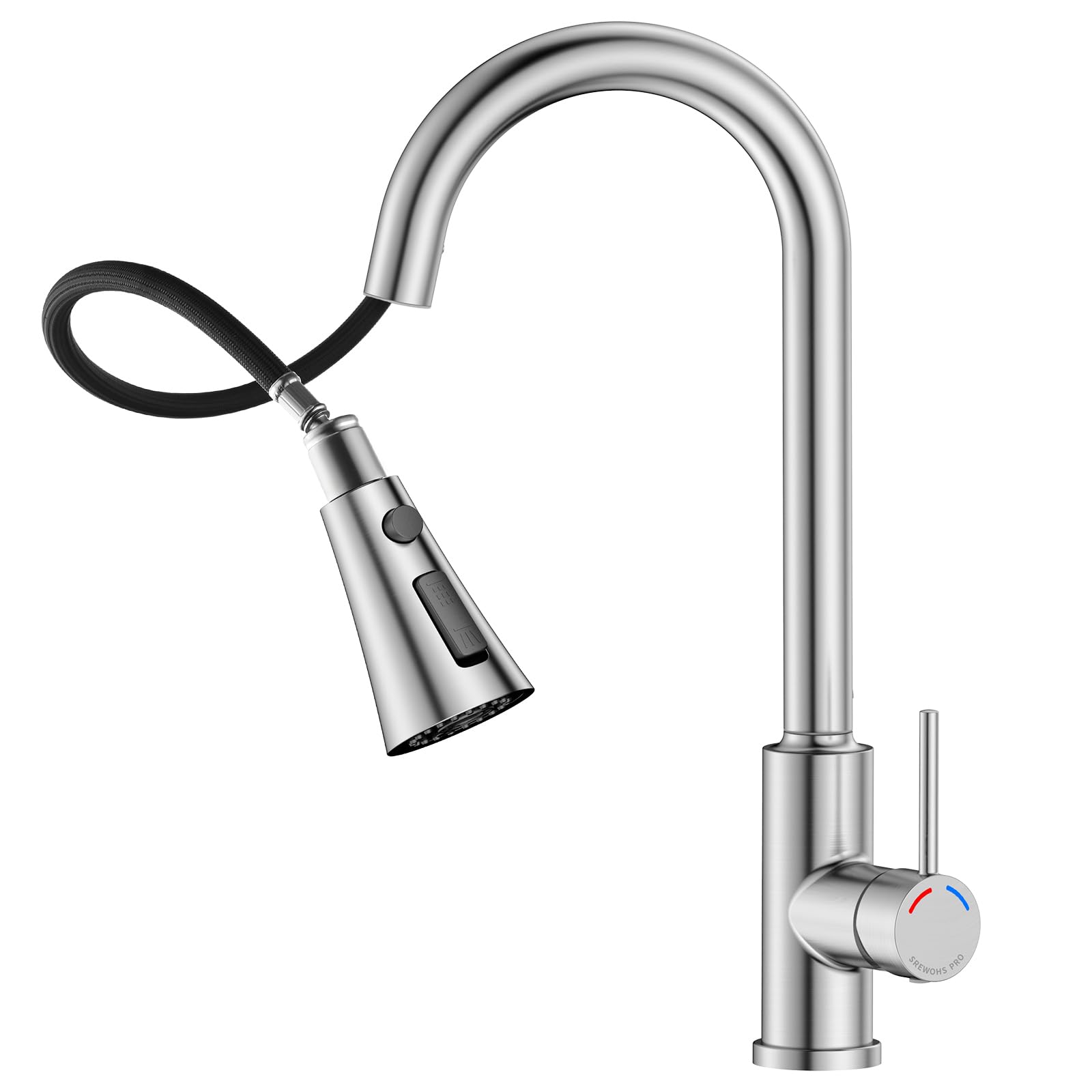 SREWOHS PRO Grifo Cocina Extraible - Grifos Fregadero con Caño giratorio de 360°,3 Modos Monomando Acero Inoxidable Torneira Cozinha,Cabezal Rociador de ABS, para Fregadero Cocina 1 Agujero Recycled Claim Standard Blended