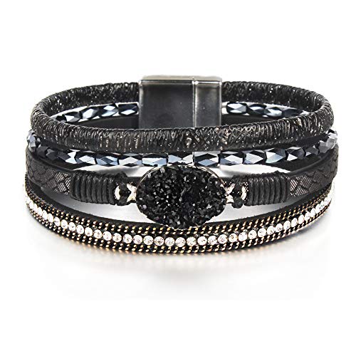 FANCY SHINY Leather Wrap Bracelet Boho Cuff Bracelets Crystal Bead Bracelet with Magnetic