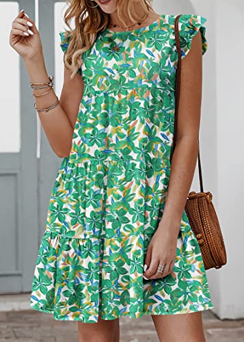 Image of KIRUNDO Summer Dresses for Women Sundress Sleeveless Ruffle Sleeve Round Neck Loose Short Flowy Pleated Mini Babydoll Dress