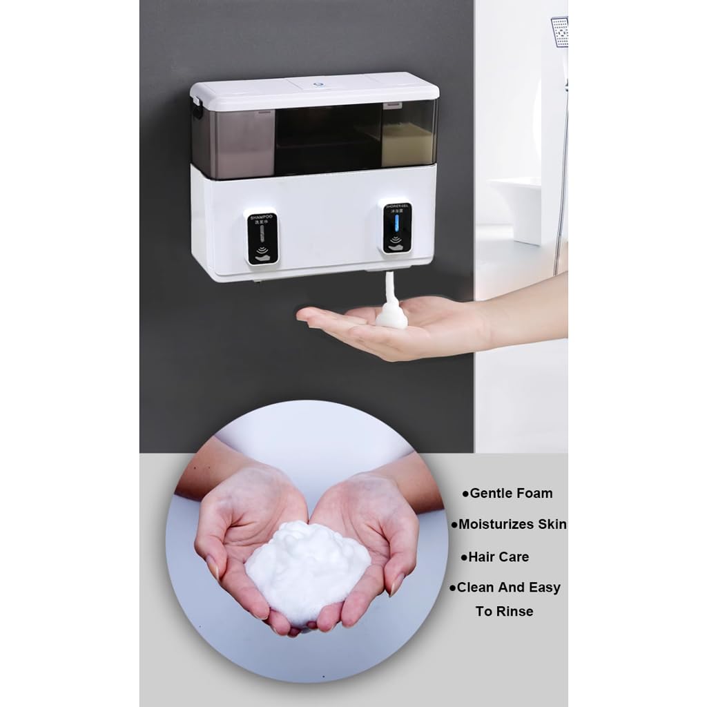 Dispensador automático de jabón espumoso de 2 Salidas Dispensador de champú y Gel de Ducha 2 en 1 Máquina desinfectante de Manos automática Recargable montada en la Pared
