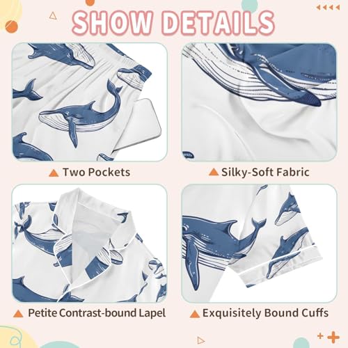 senya Blue Cute Whales Satin Summer Pajama Sets Silk Short Sleeve Button Down Sleepwear3