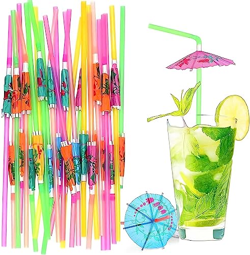100 pitillos flexibles coloridos con sombrilla para fiesta miniatura 1