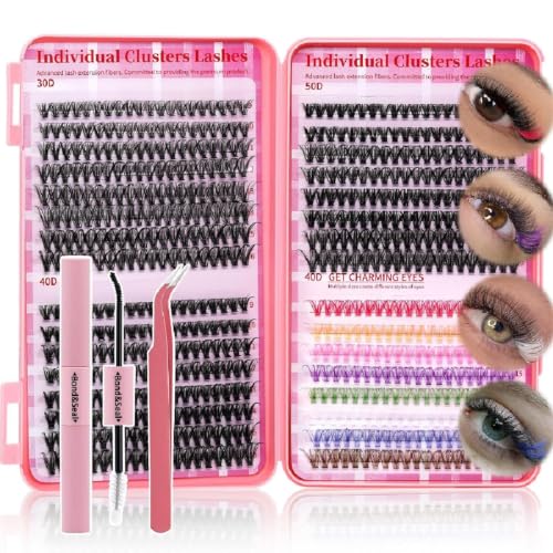 Lash Clusters Kit Colored Eyelash Clusters 640pcs Wispy Cluster Eyelash Extensions Pestaas Postizas Naturales DIY At Home Lash Extension Kit with Lash Bond&Seal Lash Tweezers (Color-001)