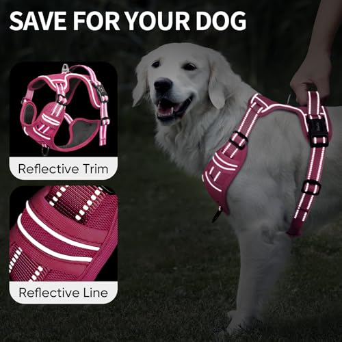 Image of HEELE Dog Harness for Large Dogs No Pull Dog Vest Harness for Large Dog with Soft Padded Handle Reflective for Outdoor Training, Rose(Matching Trim), L