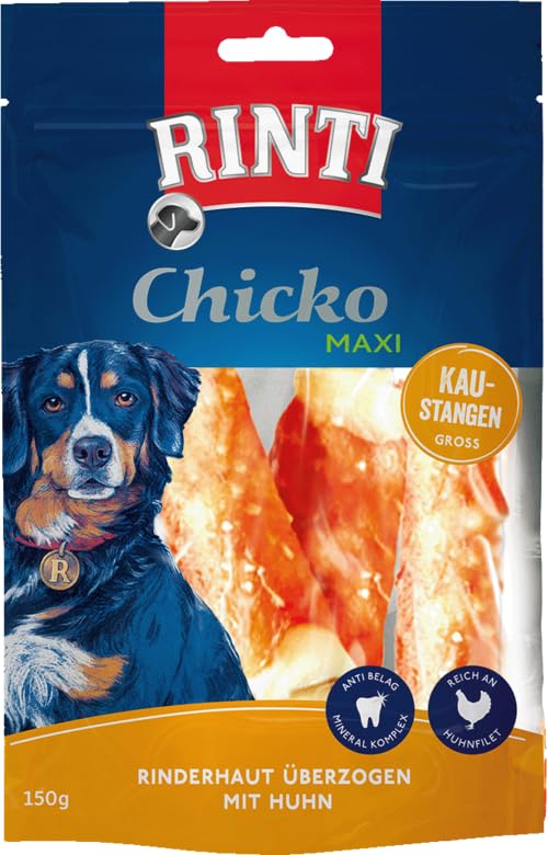 Rinti Chicko Maxi Kaustangen Huhn | Doppelpack | 2 x 150 g | Aus bissfester Rinderhaut mit Hühnerfleisch überzogen | Putzkörperchen auf Mineralstoffbasis | Wiederverschließbar