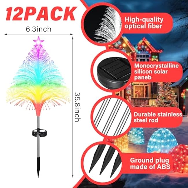 8 Pcs Solar Christmas Tree Lights Waterproof Outdoor Pathyway Stake Light 7 Lighting Modes Fireworks Christmas Stake Light Decoration for Holiday Yard Walkway Garden Path Decor