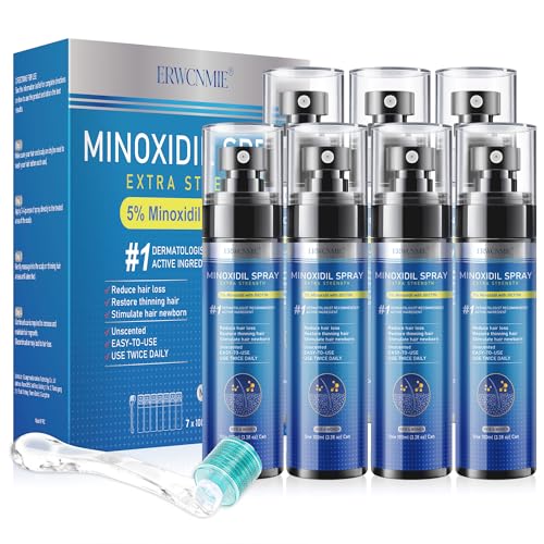 5% Minoxidil Spray for Men and Women-7 pack, Infused with Biotin, Beard Growth, Extra Strength Treatment to Combat Hair Loss and Thinning, and Fuller Hair & Beard (11 Month Supply, Extra Strength)