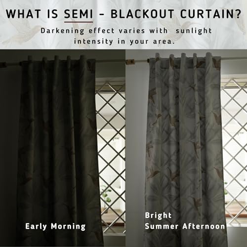 Image of Tranquebar Curtain Co. Semi Blackout Curtains 5 Feet for Window, 80% Blackout, Mild Silver Shimmer Bird Print, Semi Blackout Window Curtains, Heavy Polyester, BackTabs, Uday (152 cm) - 1 Piece