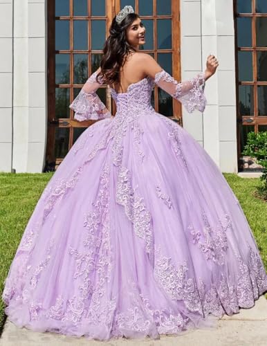 Laces Appliques Quinceanera Dresses for Teens Long Puffy Sparkly Tulle Ball Gown with Sleeve2