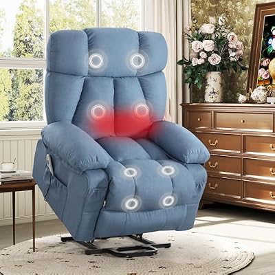 Sofetura Power Lift Recliner Chair with Vibration Massage&Heat for Elderly,Upholstered Breathable Fabric Lounge Chair with Side Pockets, USB Charge Port for Living Room,Only One Package,Blue