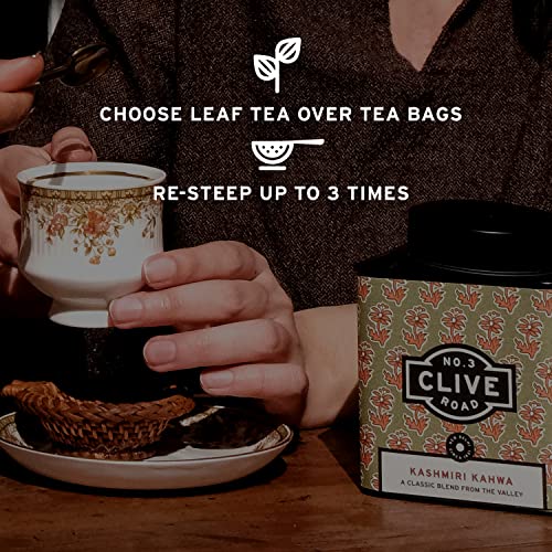 Image of Clive Road Kahwa - 60+ Cups, Premium Tea Tea Tin, Detox with Iced /Hot Tea, Kashmiri Green Blend 100% Natural Spices ~ Saffron, Cinnamon, Cardamom & Rose Petals, 125 g