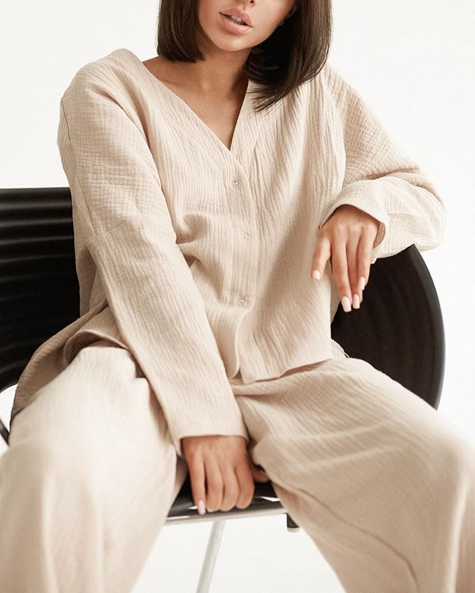 Womens Cotton Gauze Loungewear Sets Casual 2 Piece Sleepwear Button Down Shirt and Wide Leg Pants Outfits2
