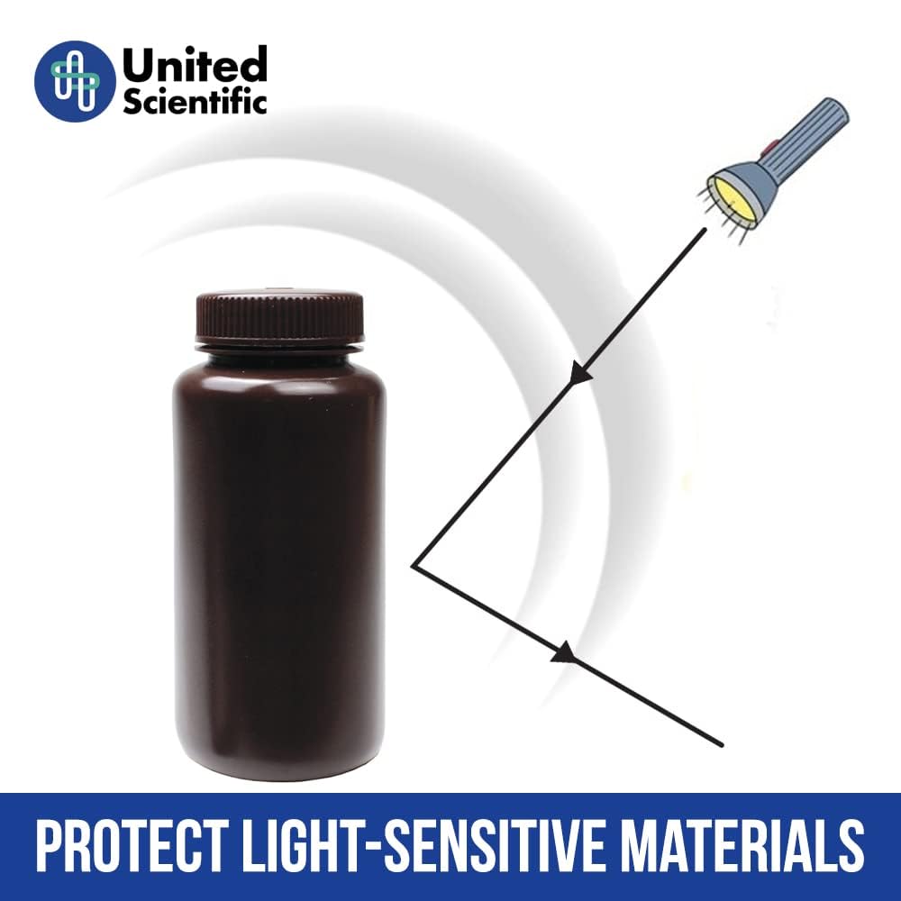 United Scientific® 33465PK2 - Sample Containers with Lids - Laboratory Grade Amber HDPE Wide Mouth Reagent Bottle - 16 Oz Bottles (500ml) Multi-Purpose Plastic Bottles with Lids, Pack of 2