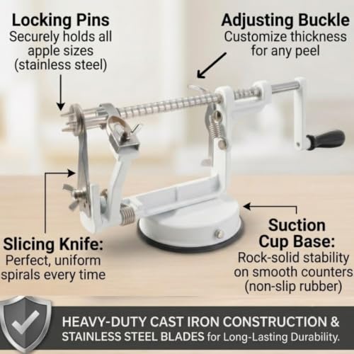 Image of Apple Peeler and Corer by Cucina Pro - Long Lasting Chrome Cast Iron with Countertop Suction Cup, White | Countertop Hand Crank for Fruits, Potatoes or Veggies, Picking Season- Pie, Treat Dessert Baking, Must Have Fall Kitchen Tool